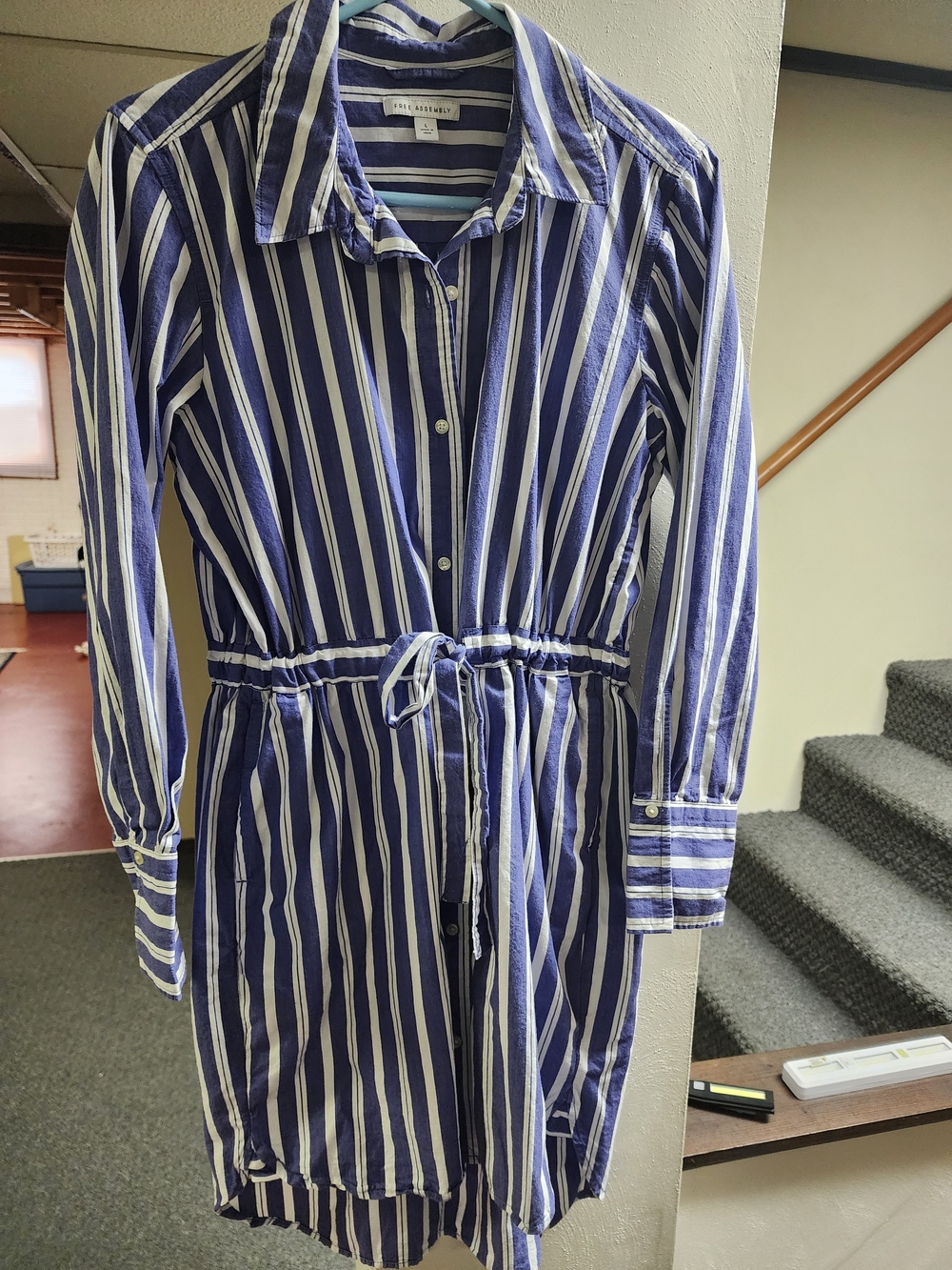 Free Assembly Striped Tie-Waist Shirt Dress in Purple and White